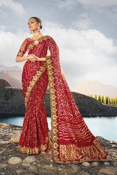Pure Gazzi Red hand weaved saree with real mirror, moti & cut dana work hand embellished work